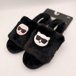 Karl Lagerfeld NWT Black Faux Fur Slide Slippers Women’s Size 9
